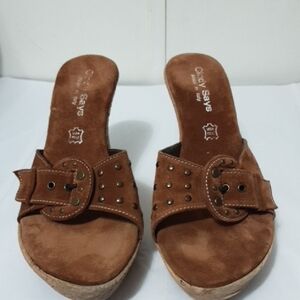 CINDY SAYS Brown Suede Studded Buckle Clog/Mules